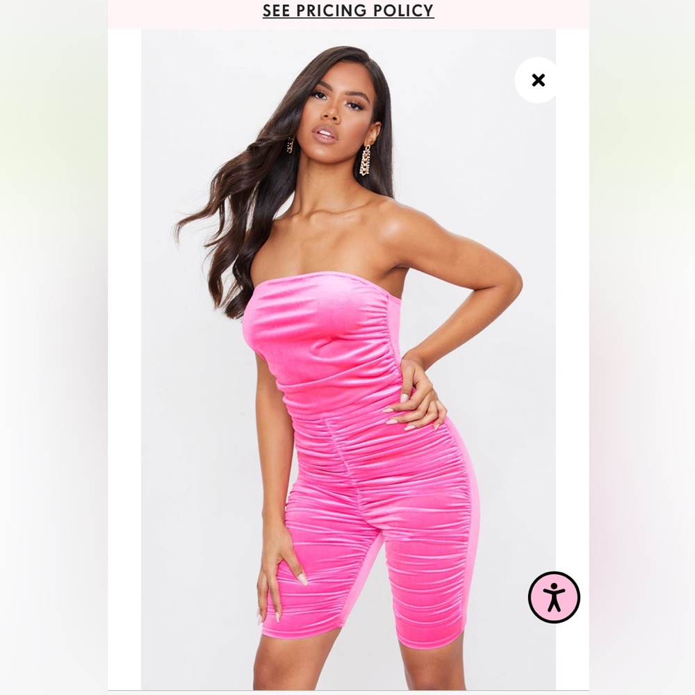 PrettyLittleThing Hot Pink Strapless Ruched Velvet Bodysuit Romper